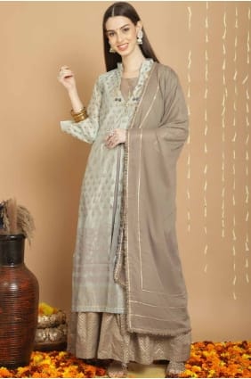 grey Straight Suit in Embroidered Art silk SK154435