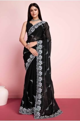 Sari en soie noir avec paillettes brodées SR27295
