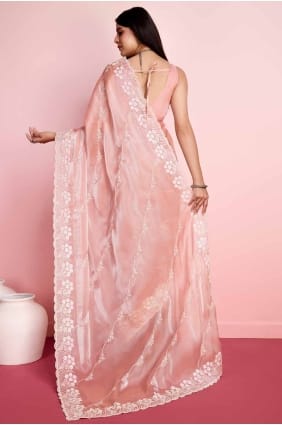 Sari pêche avec soie brodée à paillettes SR27296