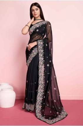 sari en organza noir avec broderie SR27303