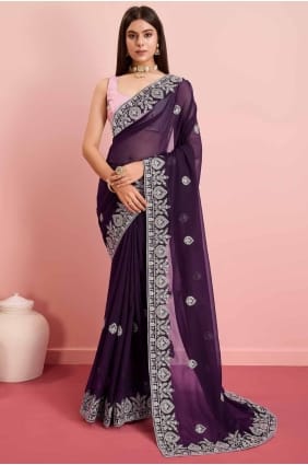 sari violet en georgette avec broderie SR27304