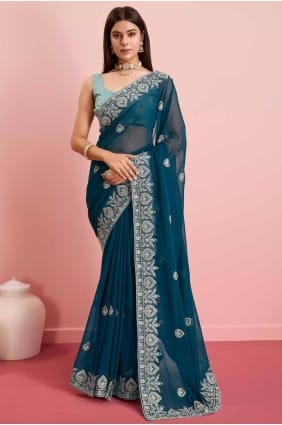 sari bleu sarcelle en georgette brodée SR27307