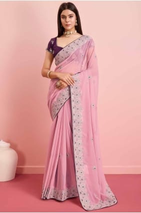 sari en georgette rose avec broderie SR27308