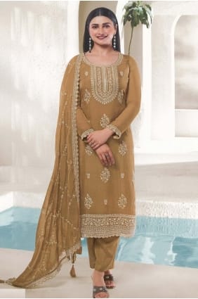 salwar kameez en organza moutarde avec broderie SK154447