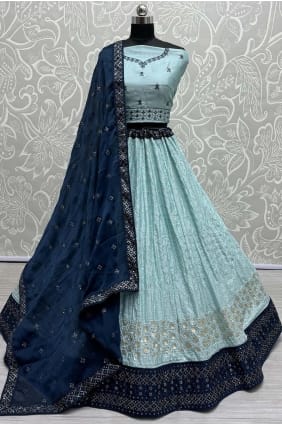choli lehenga bleu ciel en georgette brodée LC7930