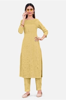 Tailleur pantalon droit en soie tissée marron avec dupatta SK154470