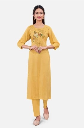 Kurti en coton brodé jaune KTI2443