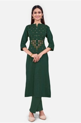 Kurti brodé vert en coton KTI2445