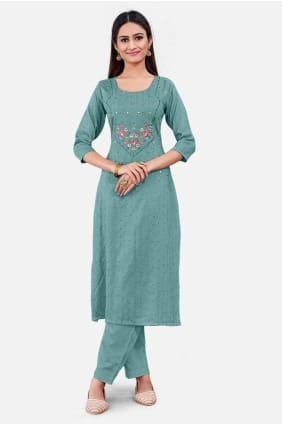 kurti en coton vert de mer avec broderie KTI2447