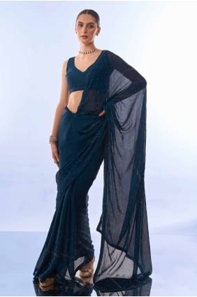 sari en satin bleu sarcelle avec uni SR27310