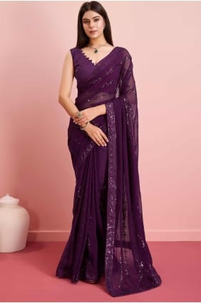sari violet en georgette à paillettes brodé SR27317