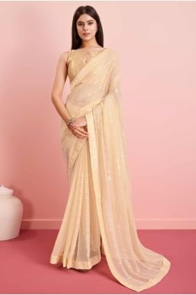 sari beige à sequins, georgette brodée SR27318