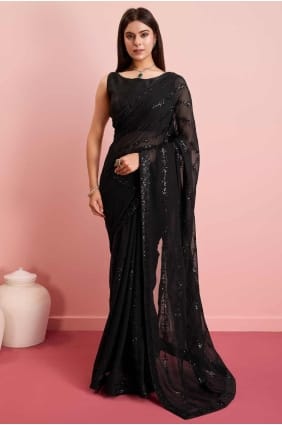 Sari noir en georgette brodée de paillettes SR27320