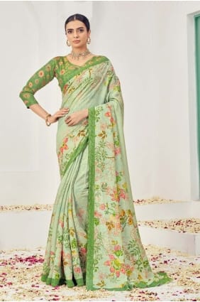 green sari in viscose with printed SR27336