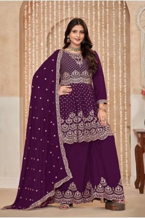 Wine Chiffon Embroidered Palazzo Suit with Dupatta PZ4031