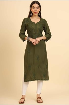 Chikankari Kurti en coton Mahendi KTI2463