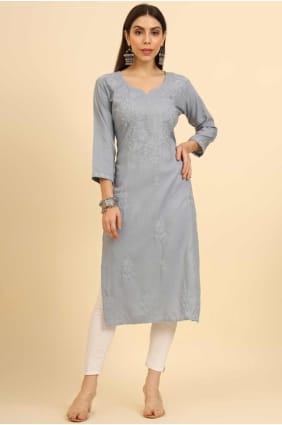 Chikankari Kurti gris en coton KTI2464