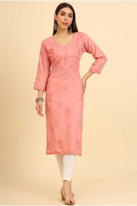 Kurti en coton chikankari pêche KTI2465