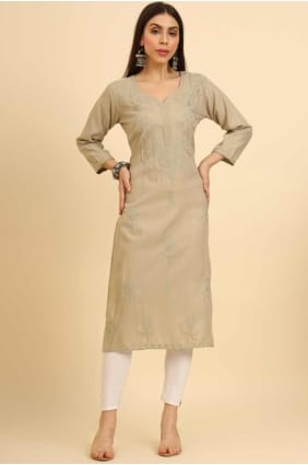 KURTI BEIGE CHIKANKARI EN COTON AVEC DUPATTA KTI2466