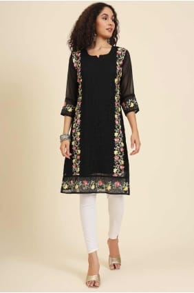 kurti brodé en georgette noire avec dupatta KTI2485