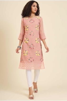 kurti en georgette avec broderie en pêche KTI2490