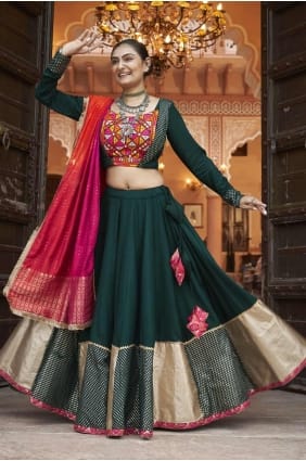 choli lehenga en viscose brodée en vert avec dupatta LC7942
