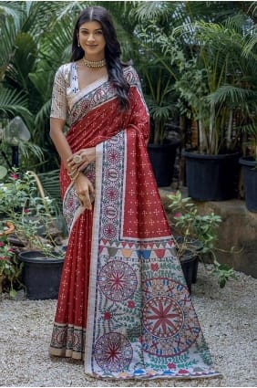 Sari en soie Tussar brodé rouge SR27374