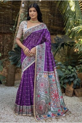 Sari brodé en soie Tussar violette SR27375