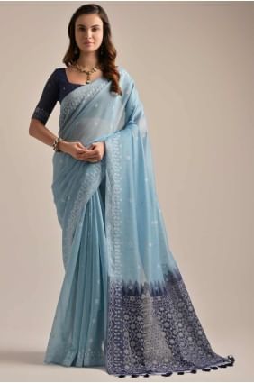 Sari en coton bleu ciel avec tissage SR27376