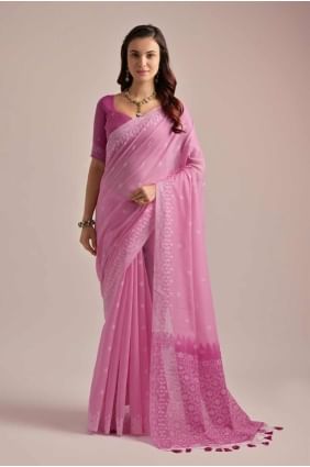 tissage d'un sari en coton rose avec chemisier SR27379