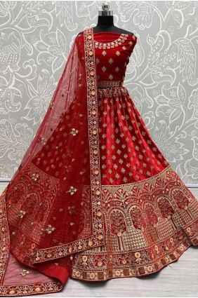 Velours rouge Lehenga Choli en brodé LC7948