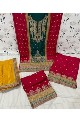 Costume palazzo en mousseline de soie brodé en vert-rouge PZ4040