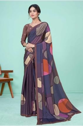 sari en soie violet foncé en imprimé SR27390