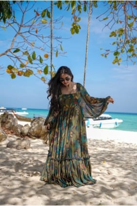 robe imprimée en mousseline multicolore avec dupatta GW0947