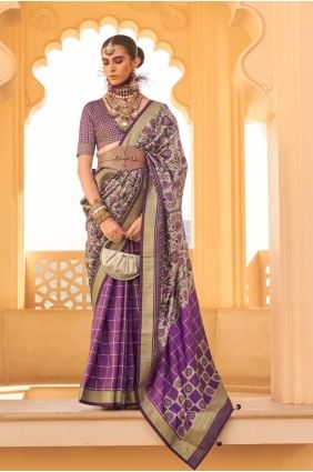 imprimé violet tissage sari en soie SR27399