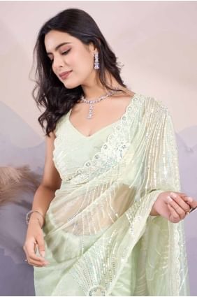 sari pista en soie d’art en paillettes brodé SR27604