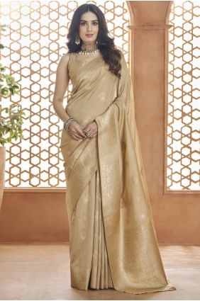 Sari beige en soie Banarasi avec tissage Zari SR27618