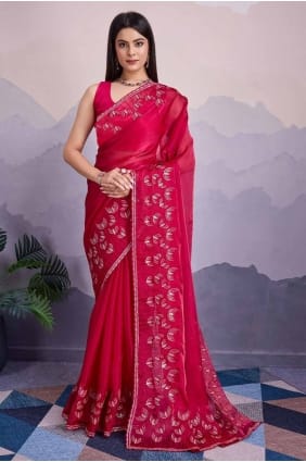 sequins, sari en soie brodé en rose SR27620