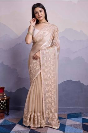 Sari en soie beige brodé à paillettes avec chemisier SR27621