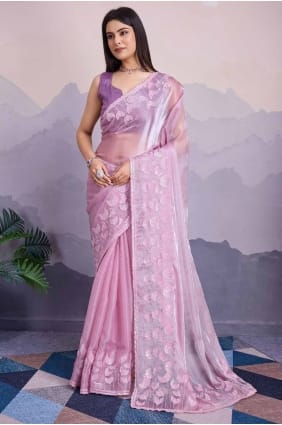 Sari brodé à paillettes violettes en soie SR27622