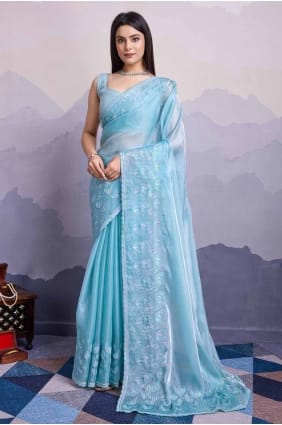 Sari en soie brodé de paillettes bleu ciel SR27625