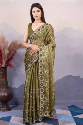 sari vert à paillettes, soie brodée SR27626