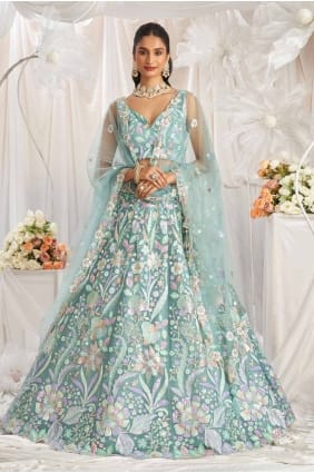 Lehenga choli brodé en filet vert citron LC8140