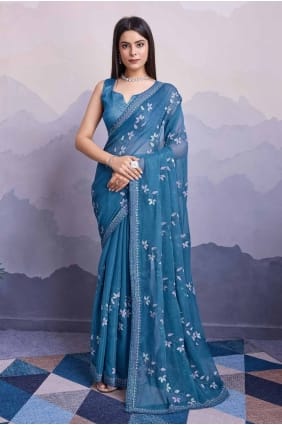 Saris en mousseline de soie bleu cyan avec paillettes brodé SR27653