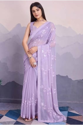sari in lavender chiffon with sequins,embroidered SR27655