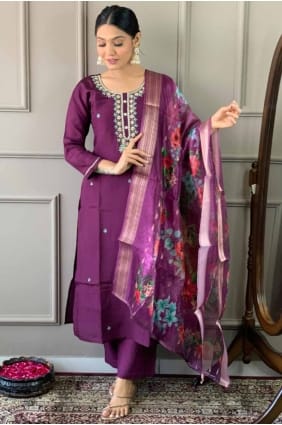 Tailleur pantalon droit violet chanderi imprimé avec dupatta SK154704