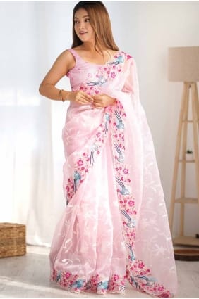 Sari rose en organza avec paillettes brodées SR27691