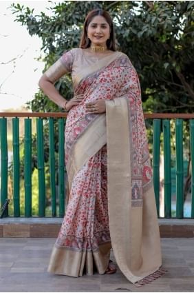 sari pashmina avec imprimé en beige SR27697