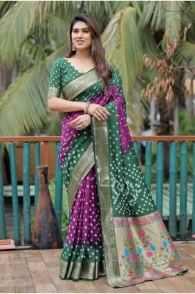 sari vert soie en imprimé,tissage SR27700