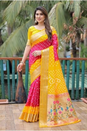 imprimé,tissage sari en soie en jaune SR27701